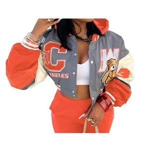 Perbai Women's Cropped Varsity Jacket Colorblock Button Down
